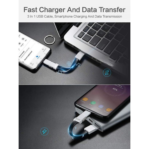 Keychain Charger IOS Type C Micro USB 3 in 1 Multi Fast Charging Cable Portable Travel Charging Cord Magnetic Contingency Spare Charged Cable for iphone ios Android All Smartphones