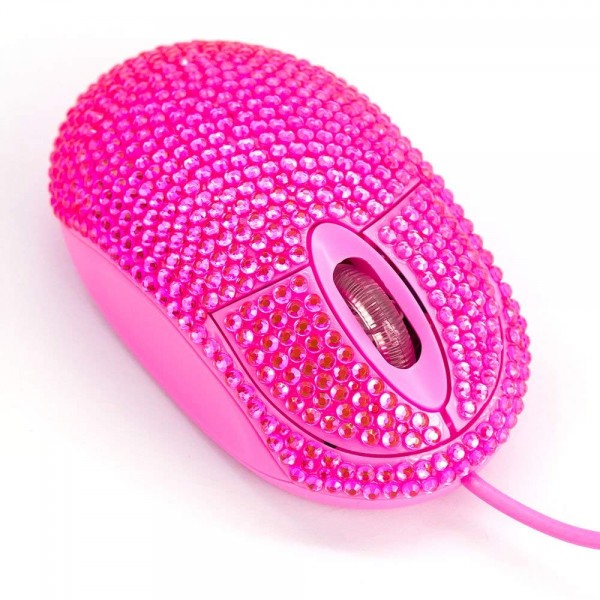 USB Optical Wired Mini Computer Mouse with Crystal Bling Rhinestone 7 Color Lights Mouse for Small Hands(Pink)