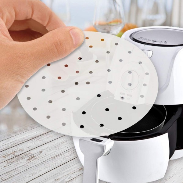 Air Fryer Liners 9 Inch 100pcs With Holes Parchmen Baking Paper Bamboo Steamer Anti-stick Waterproof 100% Pure Raw Wood Pulp FDA certification Perfect For All Air Fryers