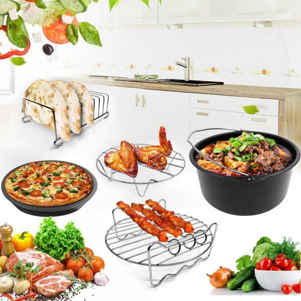 Universal Air Fryer Accessories 7 Inch Pizza Pan Cake Barrel Skewer Rack Silicone Mat Kitchen Tong Metal Holder Toast Rack Pinch Mitts Fit All 3.7QT/5.3QT/5.8QT