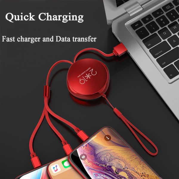 3 in 1 Retractable Flexible Multiple Charging Cable USB Charger Cord with Lightning/Micro USB/Type C Fast Charge Universal Compatible for iPhone iPad Samsung Android Cellphones