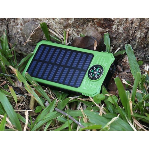 Solar Power Bank, Portable Charger 20000mAh External Battery Pack Micro Input Port Dual   Flashlight, Compass and Portable Carabiner and Compass Design(Splashproof, Dustproof,   Shockproof,Solar Panel Charging, DC5.5V/2A Input)