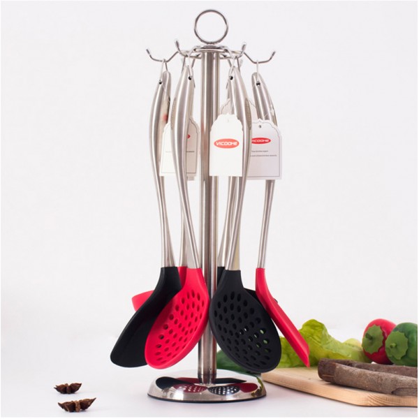 Kitchen Tools Utensil Holder, Metal Kitchen Storage Tool Truner Spoon Rotating Holder Stand with 6 Hooks